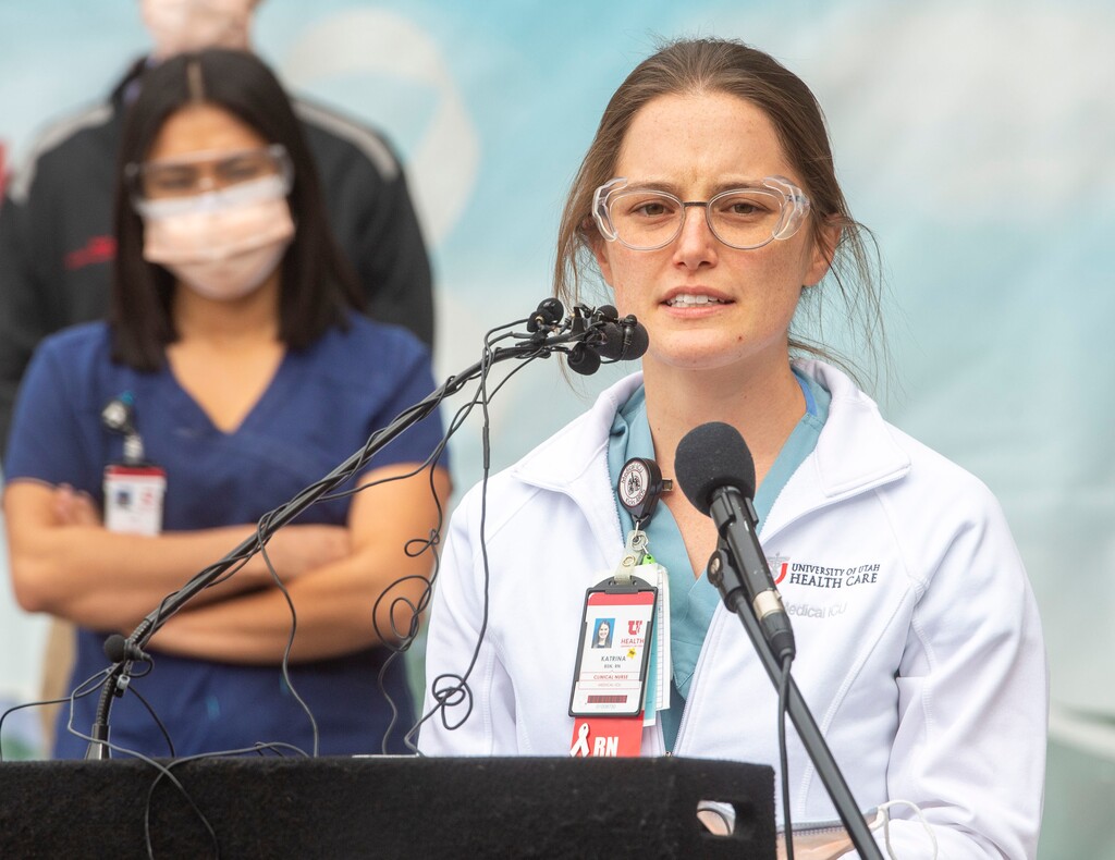 (Rick Egan  |  The Salt Lake Tribune)     Katrina Emery, an RN at the University Medical Center, speaks at a news conference, about the intensity of care given to hospitalized COVID-19 patients, and the severity of Utah’s ICU bed capacity, on Friday, Oct. 23, 2020.