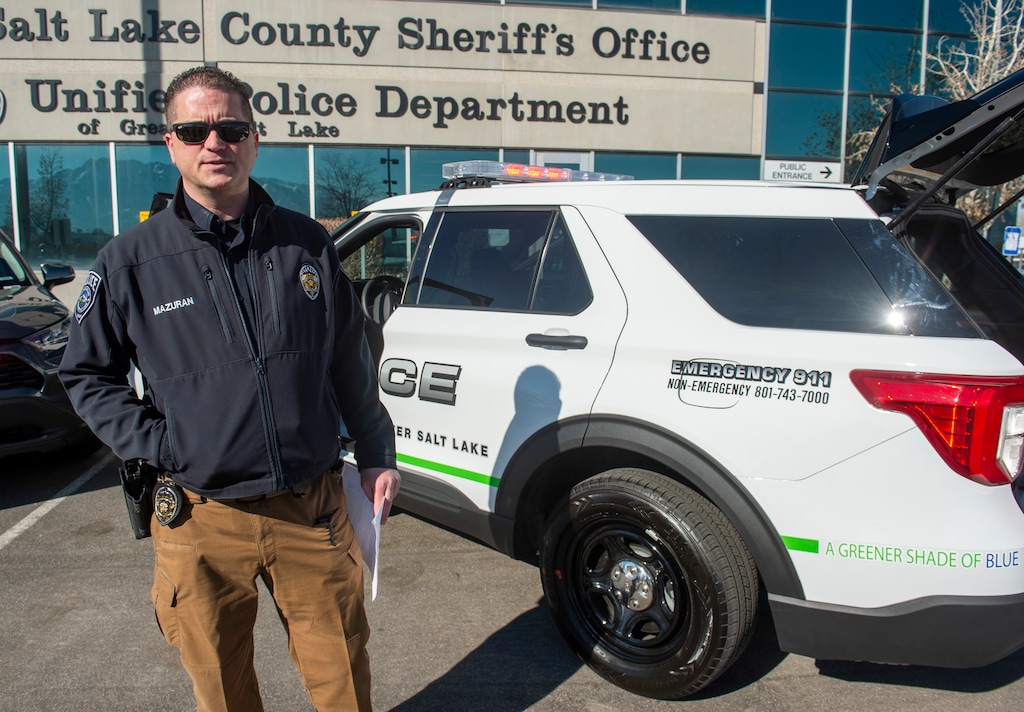 (Rick Egan  |  Tribune file photo)   Unified Police Chief Jason Mazuran talks about the new Unified Police hybrid vehicles after announcing the new Salt Lake County clean air initiatives, during a news conference in front of the Salt Lake County Sheriff's Office, March 4, 2020. The UPD is planning some reorganization moves in coming months, including reducing its costs.