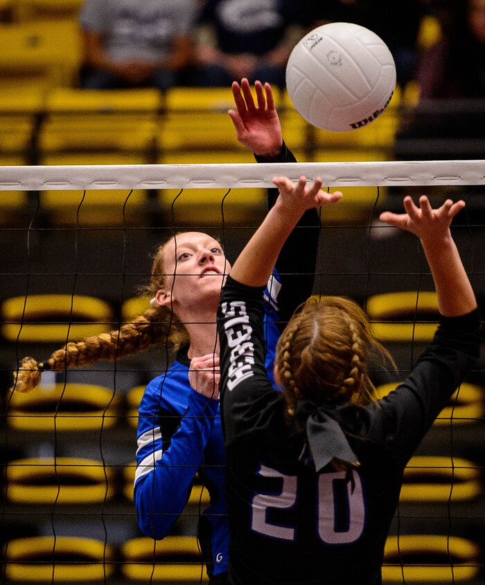 (Trent Nelson | The Salt Lake Tribune) Panguitch's Taylia Norris hits the ball as Panguitch defeats Rich in the 1A State Volleyball Championship game in Orem, Saturday October 28, 2017.