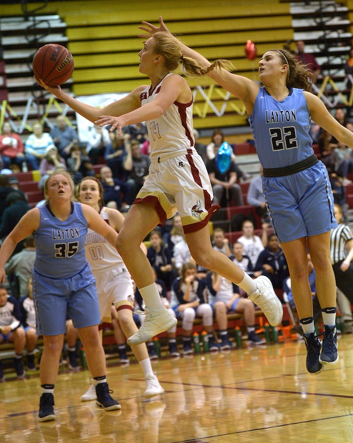 (Leah Hogsten  |  Tribune File Photo)  Viewmont's Grace Johnson rises to the net. Layton High School defeated Viewmont High School girls' basketball team, 49-41, Tuesday, February 7, 2017 in Bountiful.