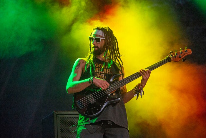 (Rick Egan  |  The Salt Lake Tribune)   Nick Loporchio plays bass for Iya Terra, as they perform at the Reggae Rise Up music Festival, at the Rivers Edge near Heber City, Saturday, Aug. 24, 2019.