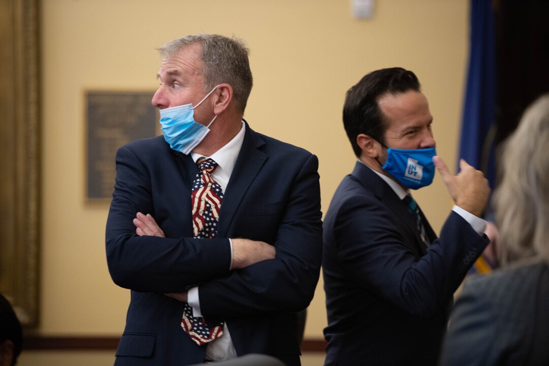 (Francisco Kjolseth  | The Salt Lake Tribune) Former state Rep. Chris Herrod, left, and Trent Christensen, who ran for Congress in the 4th District, meet with Utah’s four other Republican presidential electors before casting their vote for current President Donald Trump at the Utah State Capitol, Monday, Dec. 14, 2020.