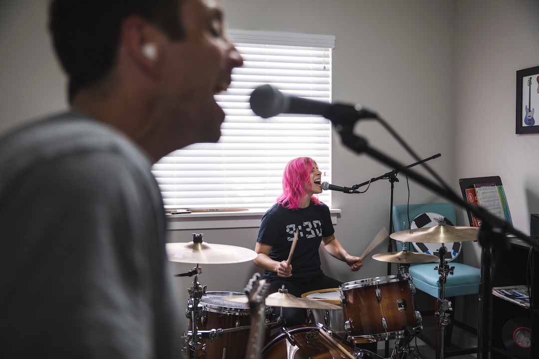 (Clark Clifford  |  For The Salt Lake Tribune) Bryce Taylor and Elaine Bradley of Noble Bodies practice for an upcoming show in the band's rehearsal space in Orem on Saturday, Aug. 3, 2019.
