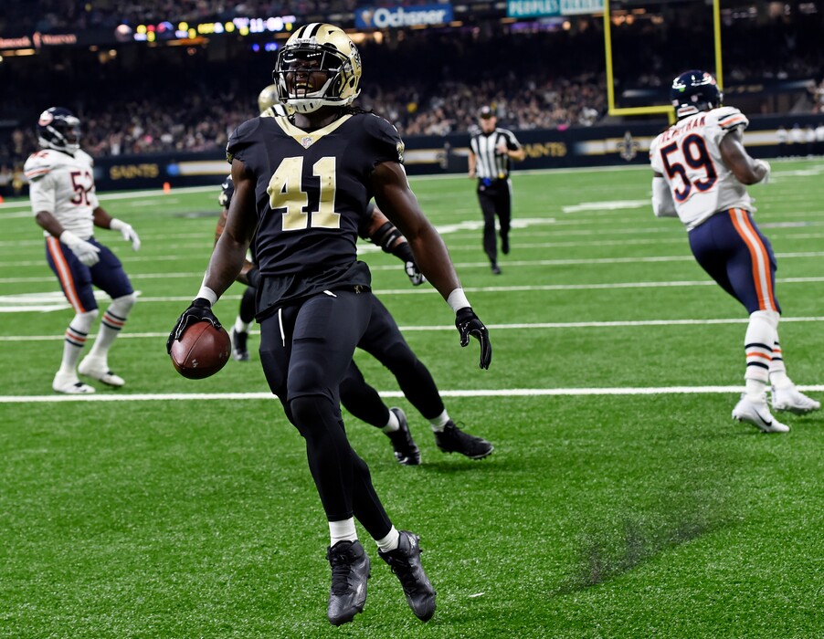 New Orleans Saints running back Alvin Kamara (41) celebrates his touchdown carry in the first half of an NFL football game against the Chicago Bears in New Orleans, Sunday, Oct. 29, 2017. (AP Photo/Bill Feig)