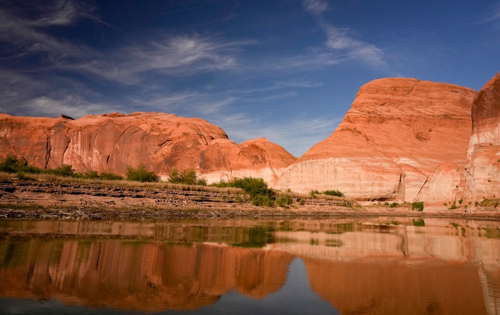 (Bethany Baker  |  The Salt Lake Tribune) The bathtub ring at the Escalante delta at Lake Powell near Ticaboo, Utah on Oct. 17, 2023. A proposed pipeline would transport water from Lake Powell 143 miles to St. George and Kane County.