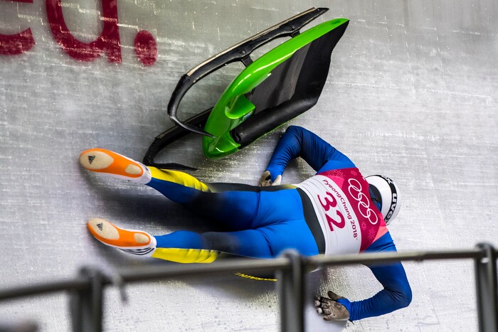 (Chris Detrick | The Salt Lake Tribune) Ukraine's Andriy Mandziy falls off of his sled while competing in the Men's Singles at the Olympic Sliding Centre during the Pyeongchang 2018 Winter Olympics Saturday, February 10, 2018.