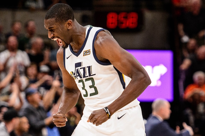 (Trent Nelson | The Salt Lake Tribune)  Utah Jazz forward Ekpe Udoh (33) celebrates a fourth quarter comeback as the Utah Jazz host the Denver Nuggets, NBA basketball in Salt Lake City, Wednesday October 18, 2017.