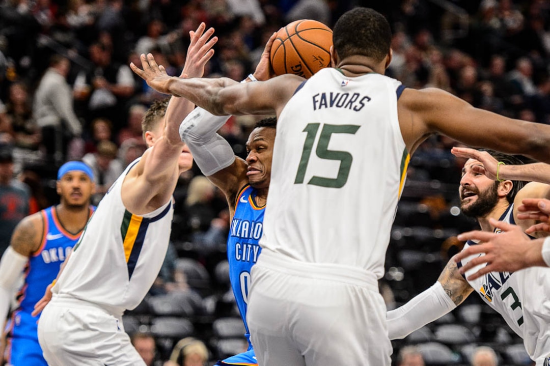 (Trent Nelson | The Salt Lake Tribune)  Oklahoma City Thunder guard Russell Westbrook (0) as the Utah Jazz host the Oklahoma City Thunder, NBA basketball in Salt Lake City, Saturday December 23, 2017.