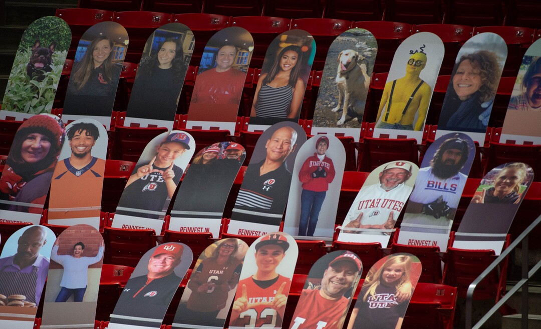 (Francisco Kjolseth  | The Salt Lake Tribune) Gymnastics head coach Tom Farden is represented in the middle of the cardboard cutout fans in PAC-12 gymnastics action Utah vs UCLA, at the Huntsman Center on Friday, Feb. 19, 2021.