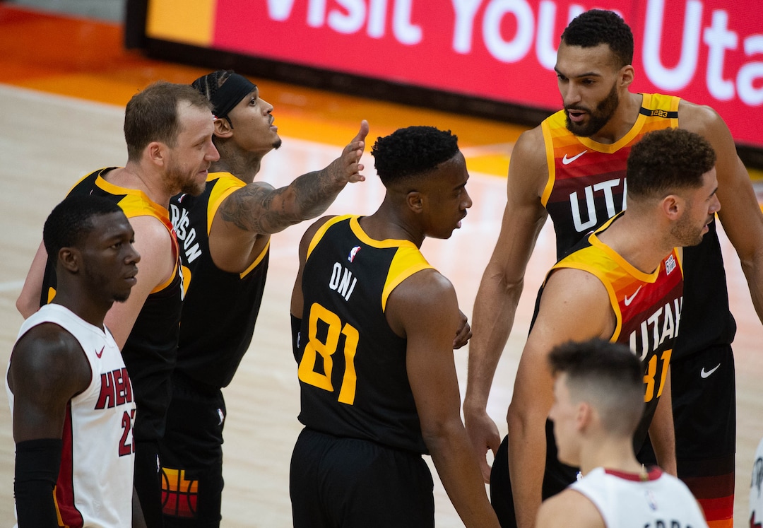(Francisco Kjolseth  | The Salt Lake Tribune) Utah Jazz guard Miye Oni (81) is celebrated by teammates as the Utah Jazz take on the Miami Heat at Vivint Smart Home Arena in Salt Lake City, on Saturday, Feb. 13, 2021.