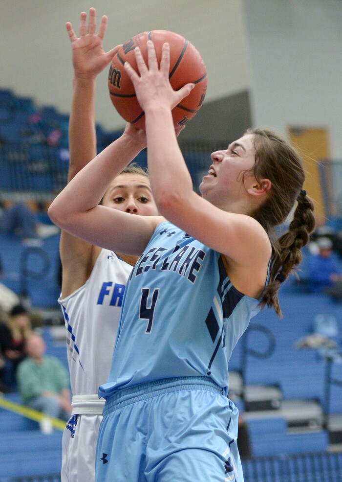 (Leah Hogsten  |  The Salt Lake Tribune) Westlake's Ashley Parry (04) hits the net.  Fremont faces Westlake in their semifinal game of the 6A High School Girls' Basketball Tournament at SLCC in Taylorsville, Friday, Feb. 23, 2018. 