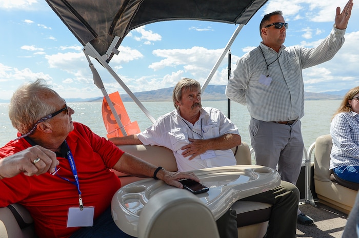 (Francisco Kjolseth | The Salt Lake Tribune) Rep. Mike Noel, R-Kanab, left, listens as Neal Winterton, right, of the Wasatch Front Water Quality Council speaks during a recent tour of Utah Lake. Members of the Legislative Water Development Commission take a tour of Utah Lake on Wednesday, Sept. 13, 2017, for the purpose of learning of wastewater treatment, the importance of protecting our lakes and rivers, how the state is looking to change water quality standards and how regulation is an important local issue.