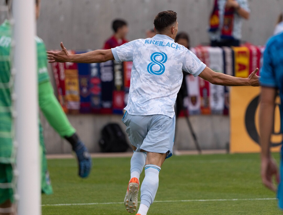 (Francisco Kjolseth | The Salt Lake Tribune) Real Salt Lake midfielder Damir Kreilach (8) celebrates his goal to put RSL up 1-0 in MLS action between Real Salt Lake and Minnesota United FC at Rio Tinto Stadium in Sandy, on Saturday, May 29, 2021.