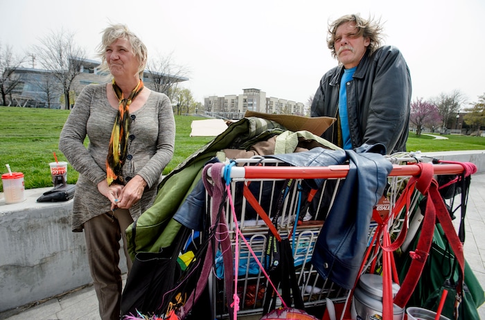 (Steve Griffin  |  The Salt Lake Tribune) Katherine and Ronald Barrett Jr. talk about being homeless and the difficultly they have trying to find a place to sleep, including on the grounds of the Salt Lake City Main Library, in Salt Lake City Monday April 16, 2018. 