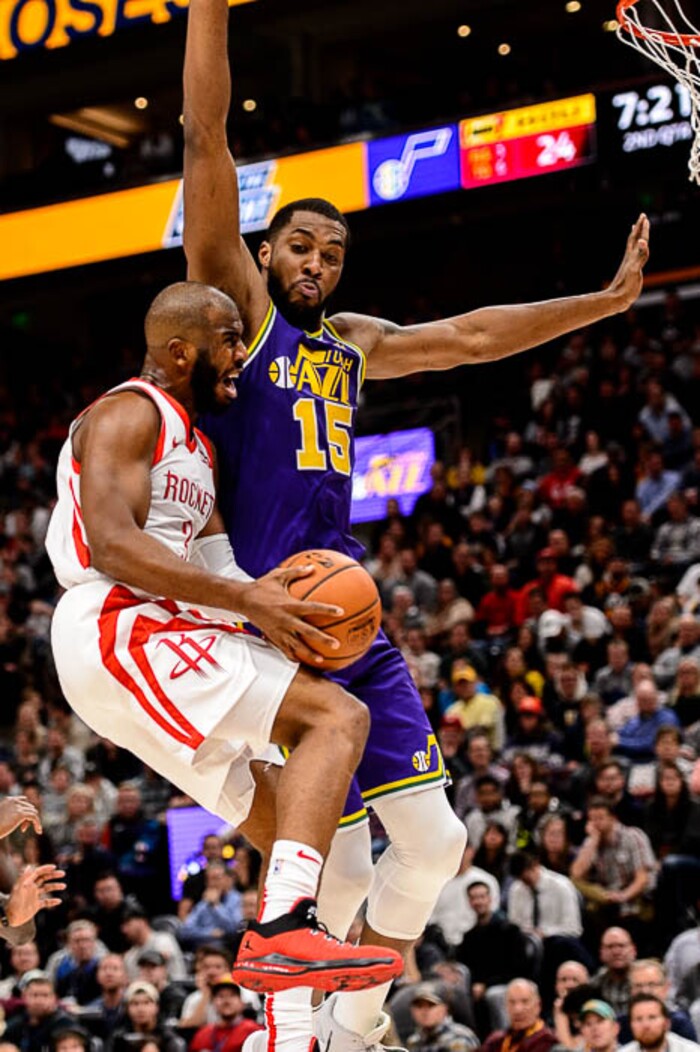 (Trent Nelson | The Salt Lake Tribune)  
Houston Rockets guard Chris Paul (3) and Utah Jazz forward Derrick Favors (15). The Utah Jazz host the Houston Rockets, NBA basketball in Salt Lake City on Thursday Dec. 6, 2018.