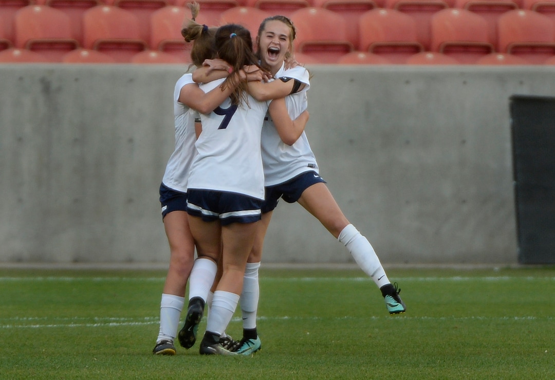 (Scott Sommerdorf   |  The Salt Lake Tribune)   Tess Donaldson of Timpanogos celebrates her goal to give her team a 1-0 lead. Maple Mountain won the shootout period after double overtime to win the 5A championship game over Timpanogos, Friday, October 20, 2017. 