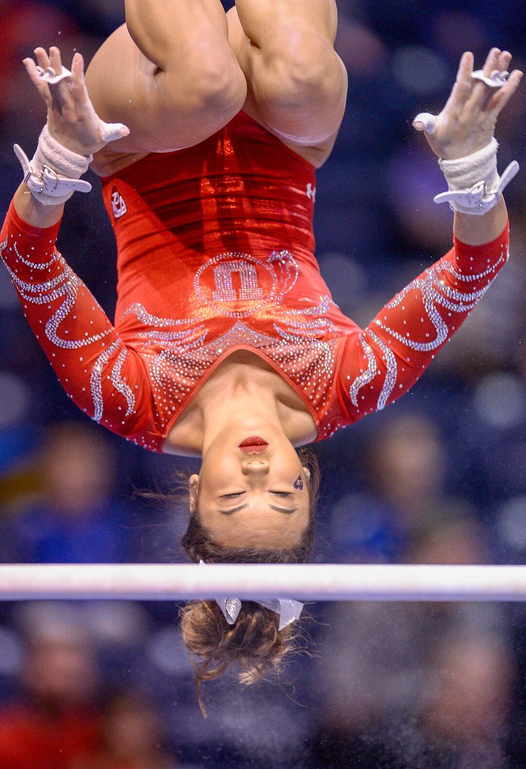 Leah Hogsten  |  The Salt Lake Tribune Utah's Kari Lee on the bars as No. 3 University of Utah gymnastics team meets BYU gymnastics at the Marriot Center, Jan. 10, 2019.