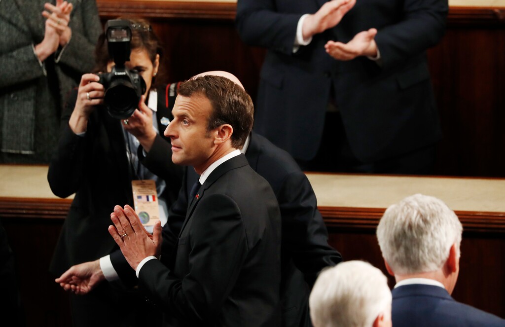 French President Emmanuel Macron arrives for his address to a joint meeting of Congress on Capitol Hill in Washington, Wednesday, April 25, 2018. (AP Photo/Pablo Martinez Monsivais)