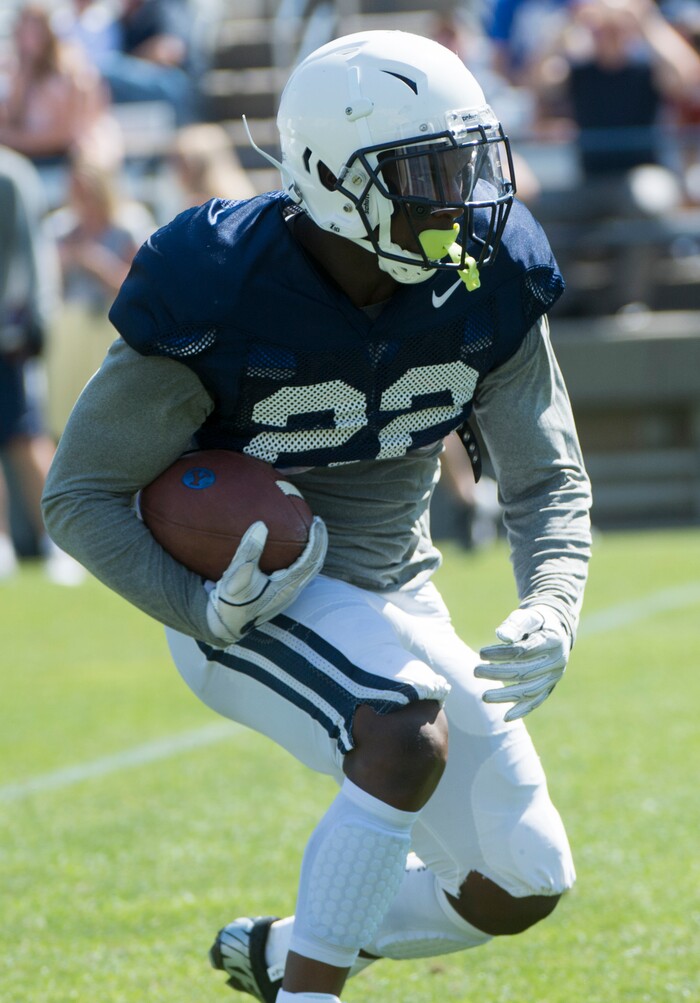 (Rick Egan  |  The Salt Lake Tribune) Squally Canada runs with the ball, during the Cougars scrimmage at Lavell Edwards Stadium, Thursday, August 17, 2017.