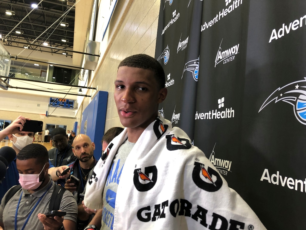 Auburn's Jabari Smith speaks to reporters Thursday, June 9, 2022 in Orlando, Fla. after going through a workout with the Orlando Magic, who hold the No. 1 pick in the June 23 NBA Draft. Smith is a top candidate to go first overall. (AP Photo/Tim Reynolds)