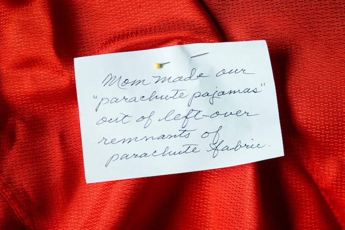 (Jeremy Harmon | The Salt Lake Tribune) A pajama top made out of parachute silk by Annie Jensen, who worked in a parachute factory in Manti during World War II, is seen at the Fort Douglas Military Museum on Feb. 6, 2019. Items like it were made after WWII in part because parachute factories in Manti led to Utahns having access to parachute silk and nylon.