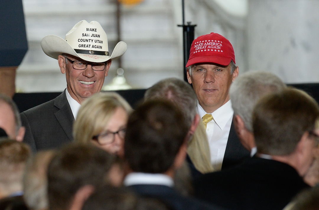 (Francisco Kjolseth  |  The Salt Lake Tribune)  Bruce Adams, left, Chairman of the San Juan County Commission and San Juan County Commissioner Phil Lyman, convicted of leading a 2014 protest ride in Recapture Canyon pose for photographs at the Utah Capitol on Monday, Dec. 4, 2017. U.S. President Donald Trump is scheduled to arrive on Monday, Dec. 4, 2017. President Trump will be joined by Sen. Orrin Hatch and Interior Secretary Ryan Zinke to sign a presidential proclamation to shrink Bears Ears and Grand Staircase-Escalante national monuments.