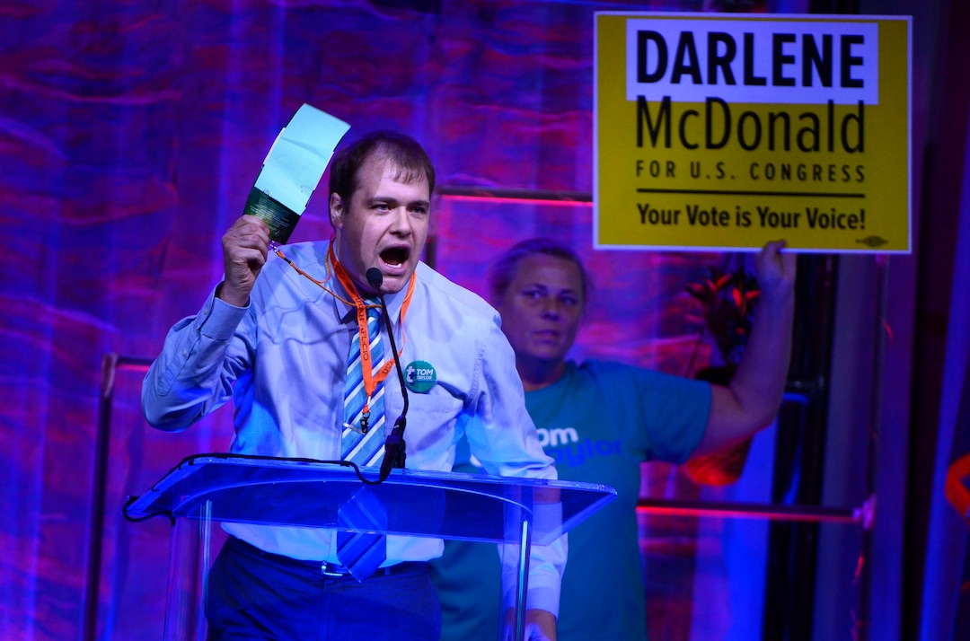 (Scott Sommerdorf | The Salt Lake Tribune)
Tom Taylor speaks at the Democratic convention as he throws his support to Darlene McDonald for the Congressional District 4 seat, Saturday, April 28, 2018 at the Salt Palace Convention Center in Salt Lake City, Utah.