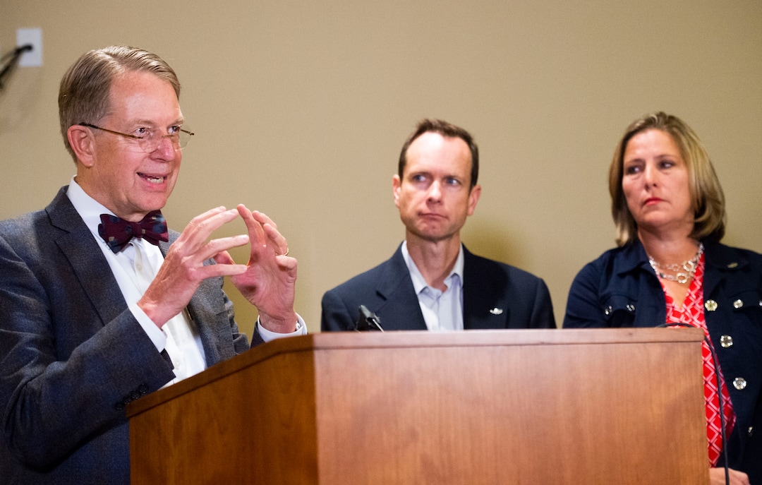 (Rick Egan | The Salt Lake Tribune) Matt McCluskey and his wife Jill, listen as Jim McConkie talks about the lawsuit, during a news conference Thursday, June 27, 2019, following the filing of a lawsuit against the University of Utah for $56 million, alleging campus police could have done more to prevent the murder of their daughter Lauren.