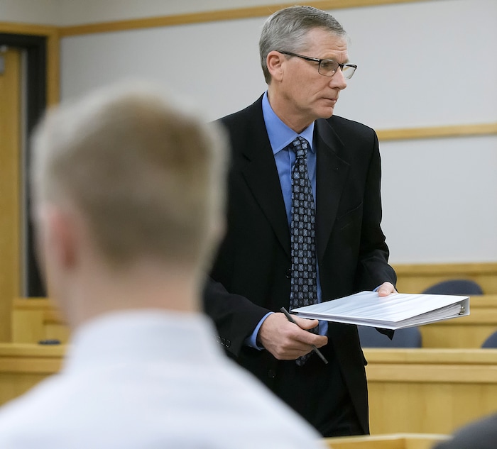 (Eli Lucero  |  Pool Photo)  Prosecuting attorney James Swink walks back to his seat after speaking at Jayzon Decker's sentencing hearing for attempted aggravated murder and obstructing justice, Wednesday, Feb. 7, 2018, in Logan, Utah. Decker received a sentence of 15 years to life for planning and being present at the shooting of Deserae Turner in February 2017, and leaving her for dead in a dry irrigation canal in Smithfield, Utah.