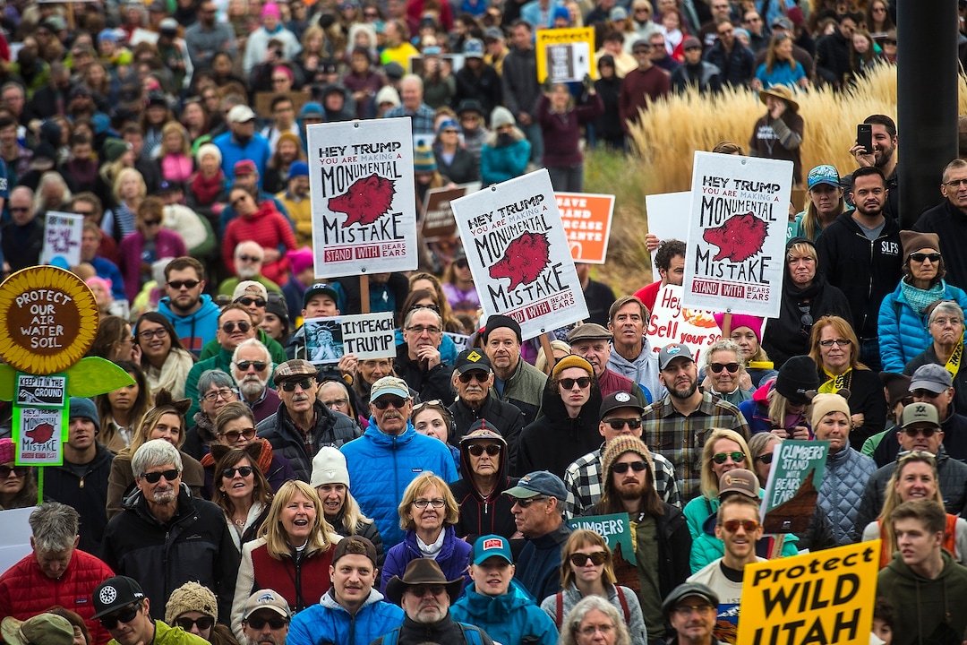 (Chris Detrick  |  The Salt Lake Tribune) Supporters of the Bears Ears and Grand Staircase-Escalante National Monuments rally at the Utah State Capitol Saturday, December 2, 2017.  Utah Highway Patrol estimated 5,000 people attended the rally. 