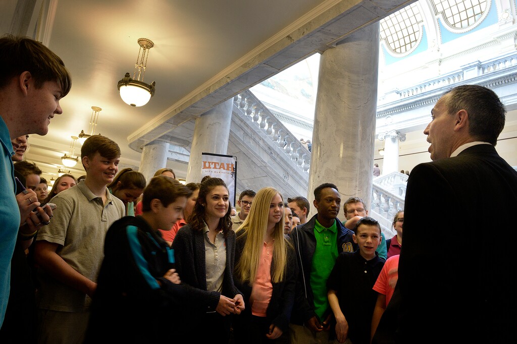 Scott Sommerdorf   |  The Salt Lake TribuneRepresentative Dan McCay, R-Riverton, speaks with schoolchildren from North Star Academy in Bluffdale, Wednesday, February 25, 2015.