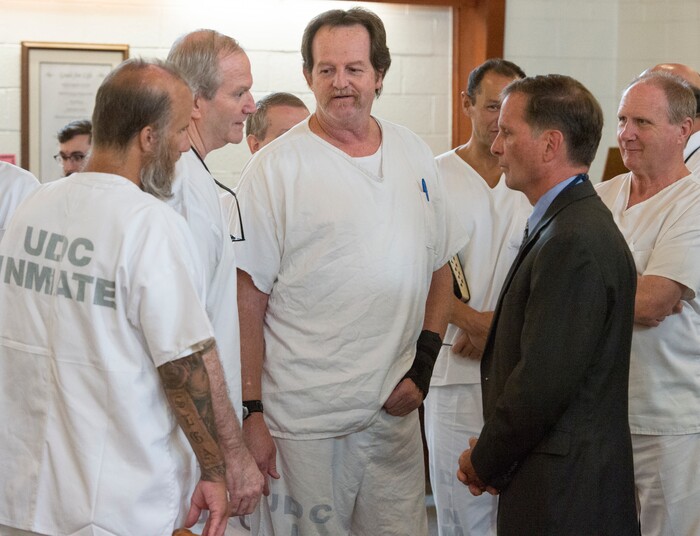 (Rick Egan  |  The Salt Lake Tribune)  Rep. Chris Stewart speaks with inmates at the Utah State Prison, Wednesday, August 23, 2017.



