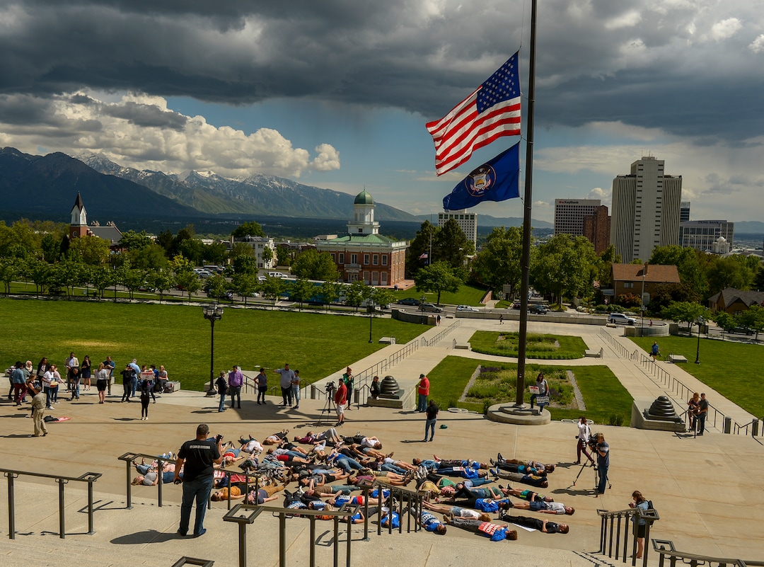 (Leah Hogsten  |  The Salt Lake Tribune)  Over 70 members of March For Our Lives SLC, high school students and concerned citizens gather at the Utah Capitol, Friday, May 18, 2018, to demand gun reform, honor the 10 dead who were killed during Friday morning's shooting spree inside Santa Fe High School in southeast Texas. The participants staged a 22-minute die-in for the 22 school shootings already in 2018. 