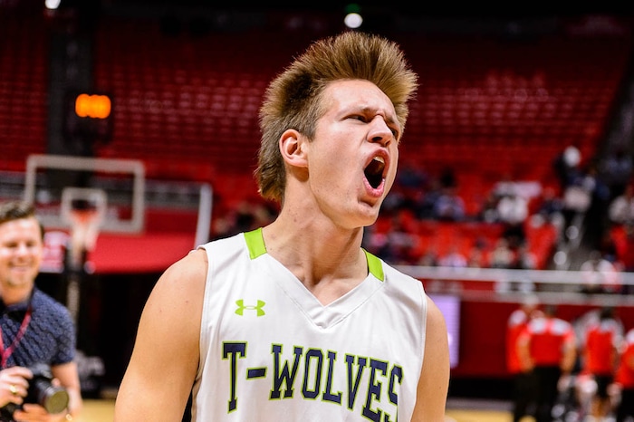 (Trent Nelson | The Salt Lake Tribune)  East vs. Timpanogos, 5A State high school basketball tournament at the Huntsman Center in Salt Lake City, Wednesday Feb. 28, 2018. Timpanogos's Jacob Maddox (11) yells before the game.