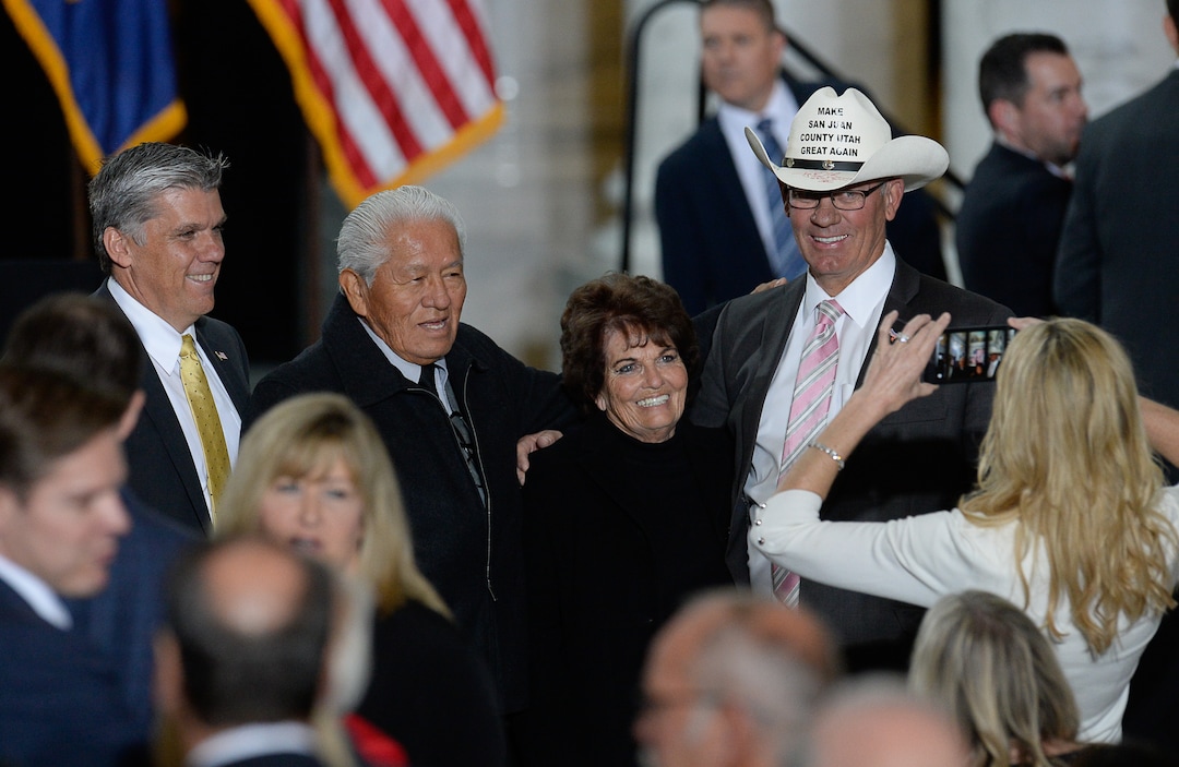 (Francisco Kjolseth  |  The Salt Lake Tribune)  Bruce Adams, left, Chairman of the San Juan County Commission and San Juan County Commissioner Phil Lyman, at right, convicted of leading a 2014 protest ride in Recapture Canyon pose for photographs with supporters at the Utah Capitol on Monday, Dec. 4, 2017. U.S. President Donald Trump is scheduled to arrive on Monday, Dec. 4, 2017. President Trump will be joined by Sen. Orrin Hatch and Interior Secretary Ryan Zinke to sign a presidential proclamation to shrink Bears Ears and Grand Staircase-Escalante national monuments.