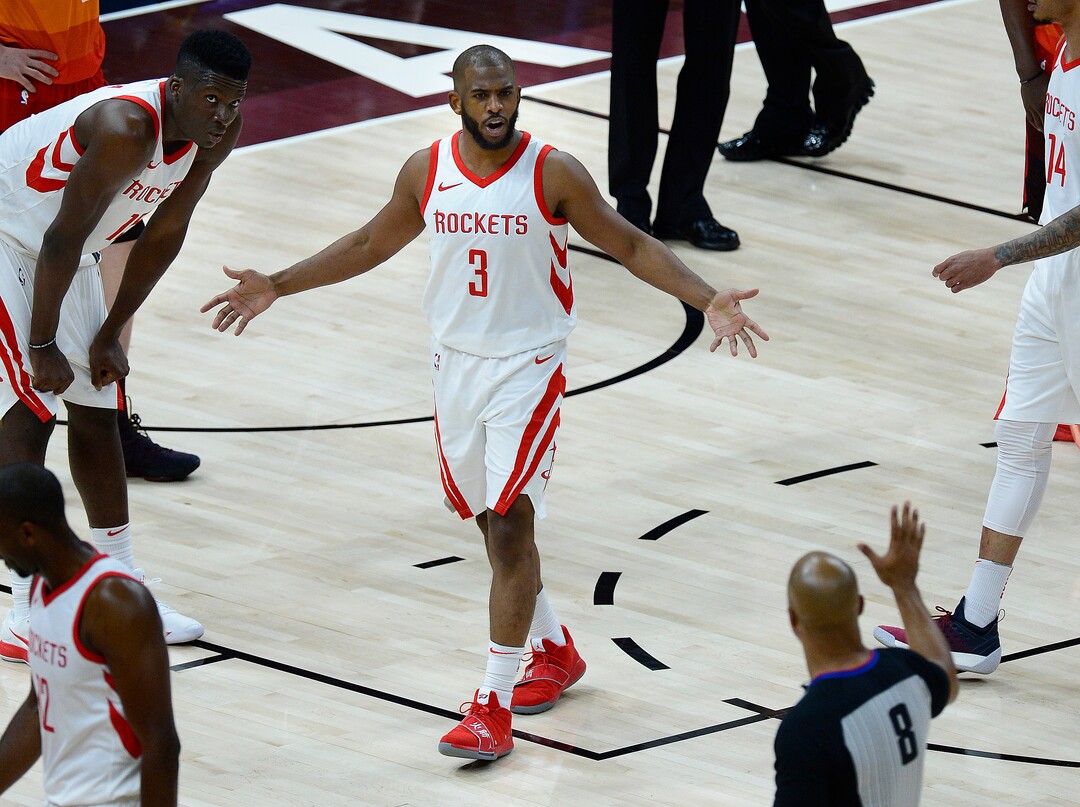 (Scott Sommerdorf | The Salt Lake Tribune)Houston Rockets guard Chris Paul (3) tries to get a could call from referee Marc Davis during second half play. The Houston Rockets beat the Utah Jazz 113-92 in game 3 of their playoff series, Friday, May 4, 2018.