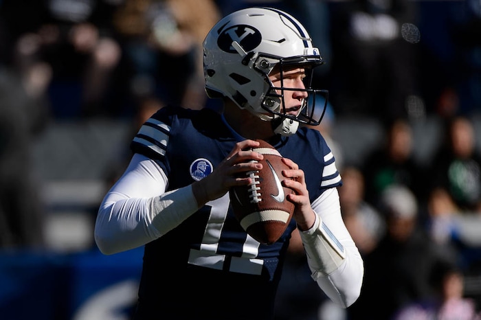 (Trent Nelson | The Salt Lake Tribune)  Brigham Young Cougars quarterback Joe Critchlow (11) as BYU hosts the University of Massachusetts, NCAA football in Provo, Saturday November 18, 2017.