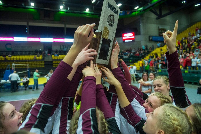 (Chris Detrick  |  The Salt Lake Tribune)  Members of the Morgan Trojans celebrate after winning the 3A volleyball state championships at the UCCU Center at Utah Valley University Thursday, October 26, 2017.  Morgan defeated North Sanpete 3-0.