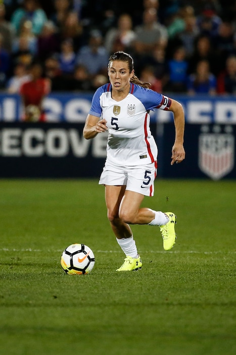 U.S. defender Kelly O'Hara (5) plays against New Zealand during the first half of an international friendly soccer match in Commerce City, Colo., Friday, Sept. 15, 2017. (AP Photo/Jack Dempsey)