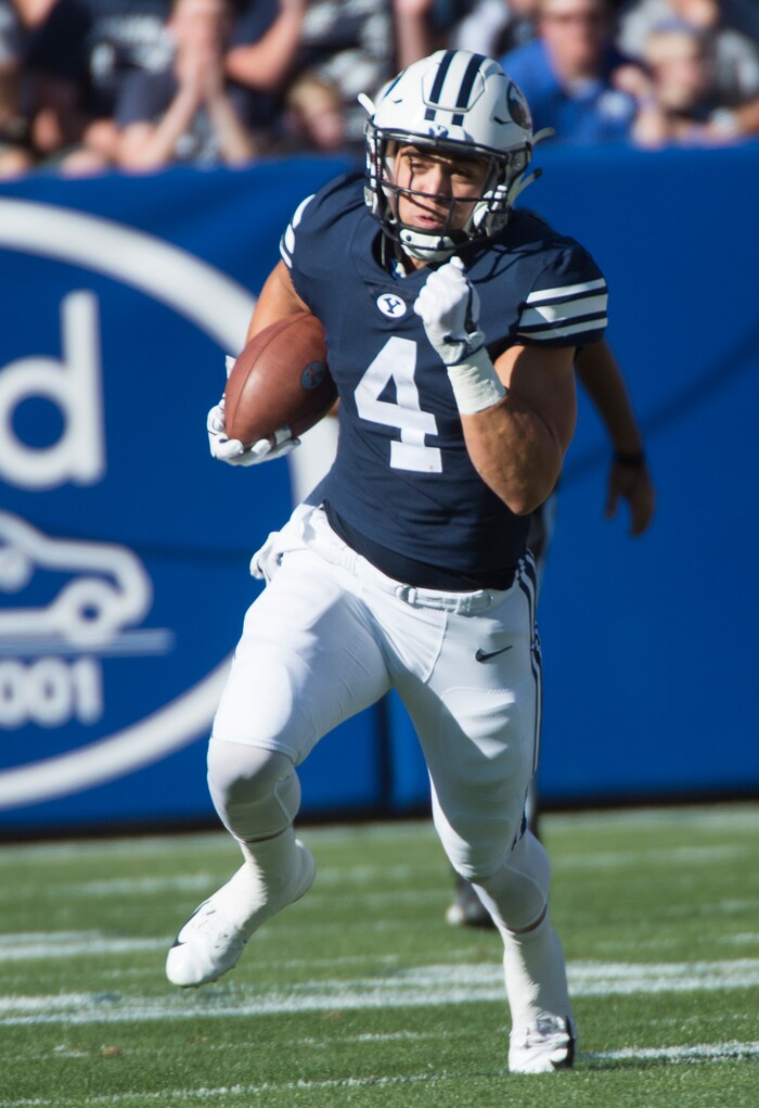 (Rick Egan  |  The Salt Lake Tribune)     Brigham Young Cougars running back Lopini Katoa (4), runs the ball for the Cougars, in football action between Brigham Young Cougars and McNeese State Cowboys, at Lavell Edwards Stadium, Saturday, Sept. 22, 2018.


