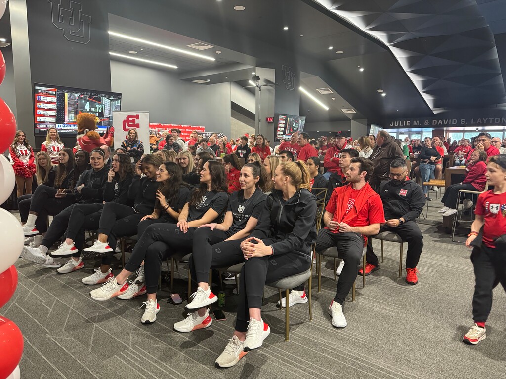(Alex Vejar | The Salt Lake Tribune) The University of Utah women's basketball team gathers to learn its NCAA Tournament opponent on Selection Sunday, March 17, 2024.