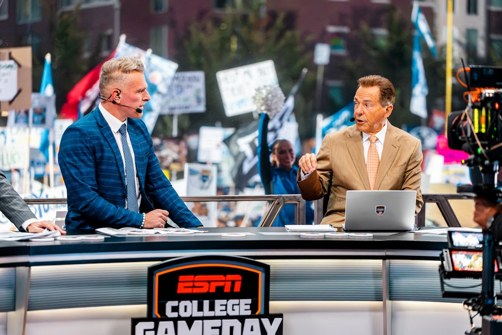 (Donovan Kelly | Special to The Tribune) . Pat McAfee and Nick Saban during ESPN's "College GameDay" at BYU, Oct. 17, 2026.