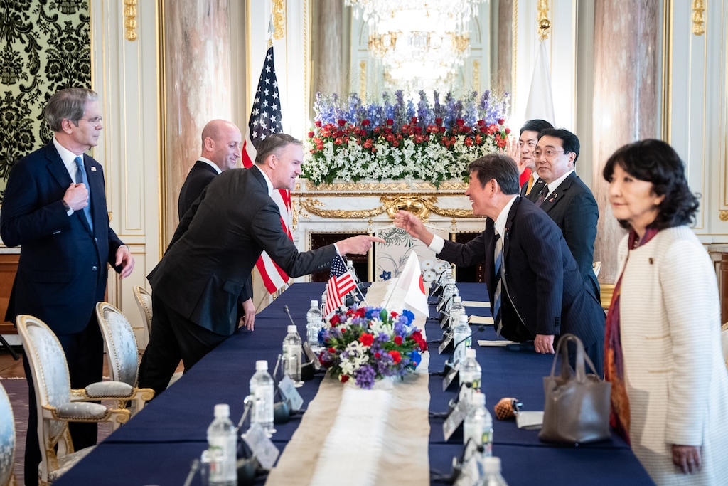 (Haiyun Jiang | The New York Times) Jamieson Greer, the U.S. trade representative, leans forward as he talks with members of the Japanese delegation ahead of a meeting between President Donald Trump and Japan's prime minister, Sanae Takaichi, in Tokyo on Oct. 28, 2025. Greer, a low-key lawyer from a working-class background, is rewriting the rules of the global economy at the president's behest.