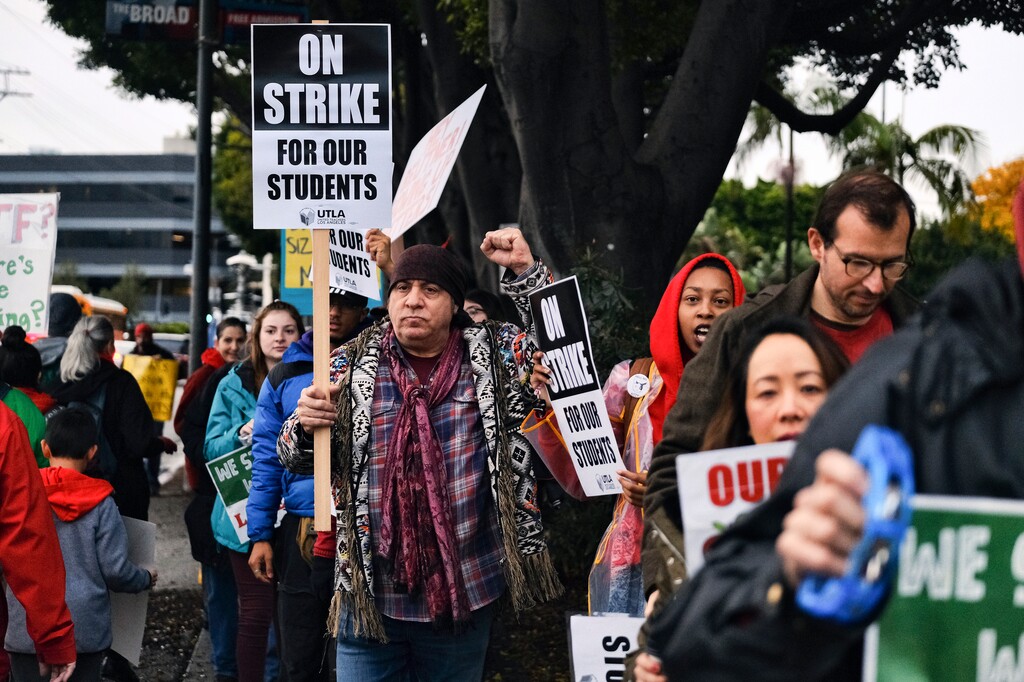 (Richard Vogel | AP Photo) Actor, musician and activist, Steven Van Zandt, center, joins in support of striking Los Angeles teachers and students on the picket in front of Hamilton High School on Wed. Jan. 16, 2019.16 at Hamilton High School. Los Angeles school administrators urged the union to resume bargaining as tens of thousands of teachers planned to walk picket lines for a third day Wednesday, after being joined on strike for the first time by some of their counterparts from independent charter schools.