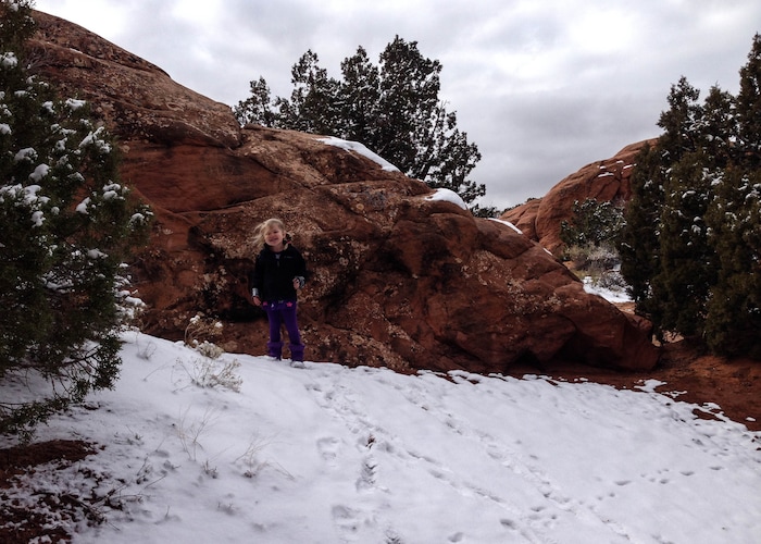 Erin Alberty  |  The Salt Lake TribuneThe author's daughter follows animal tracks in the snow Nov. 29, 2015 near the Devils Garden campground at Arches National Park.