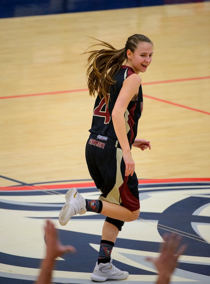 (Trent Nelson  |  The Salt Lake Tribune)  Viewmont's Mckenna Morris celebrates a late three-pointer as Woods Cross hosts Viewpoint High School girls basketball, Wednesday, January 24, 2018.