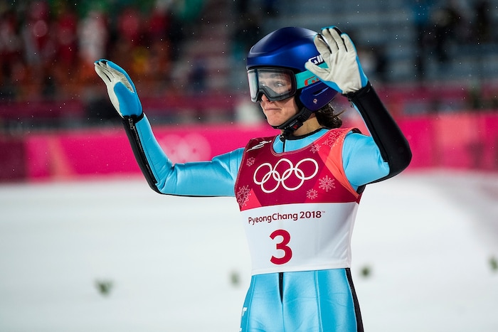 (Chris Detrick  |  The Salt Lake Tribune)  USA's Sarah Hendrickson reacts after competing in the Ladies' Normal Hill Individual at the Alpensia Ski Jumping during the Pyeongchang 2018 Winter Olympics Monday, February 12, 2018.  Hendrickson finished in 19th place with a total of 160.6.