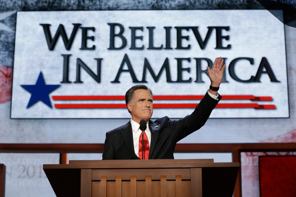 (AP Photo/Charles Dharapak, File)

In this Aug. 30, 2012, photo Republican presidential nominee Mitt Romney addresses the Republican National Convention in Tampa, Fla.