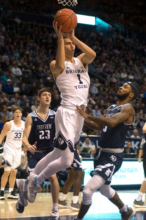 (Rick Egan  |  The Salt Lake Tribune)  Brigham Young Cougars guard Rylan Bergersen (1) tosses a pass, in basketball action between Brigham Young Cougars and Rice Owls, at the Marriott Center in Provo, Wednesday, Nov. 21, 2018.
