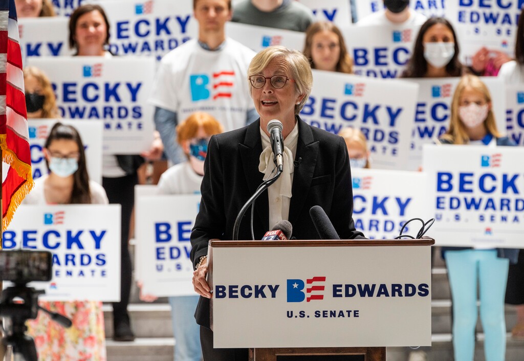 (Rick Egan | The Salt Lake Tribune)  Former Rep. Becky Edwards launches her U.S. Senate campaign against Mike Lee in the Capitol Rotunda, on Thursday, May 27, 2021.